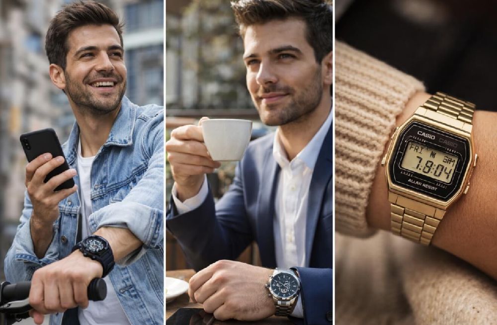 Колаж от три различни сцени, показващи мъж с Casio часовник в градска среда, който държи телефон и се усмихва, елегантен мъж в костюм, който пие кафе и носи стилен аналогов часовник, и близък план на ръка със златист дигитален Casio часовник върху пуловер, всички сцени са осветени с топла естествена светлина и показват различни стилове на ежедневна употреба